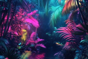 Fototapeta premium Glowing jungle with neon plants creating a magical, surreal atmosphere at night