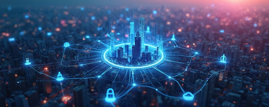 Abstract cityscape with glowing blue network lines connecting buildings and icons. Futuristic urban environment with data flow and communication.