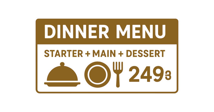 Flat vector banner design text DINNER MENU STARTER + MAIN + DESSERT 249₴ supporting icons of tray plate and fork dark gold and beige tones