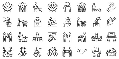 Charity and support outline vector icons collection conveying compassion and assistance illustrating various themes like environmental protection community service education and volunteer