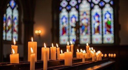 Candles illuminate stained glass church windows in the dark