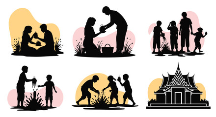 Silhouetted scenes depict families and children engaging in water play, celebrating cultural traditions, and a Thai temple structure in a collage style.