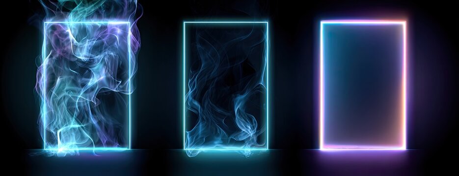 Three glowing neon rectangles with smoke-like patterns