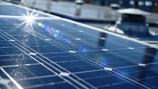 Beautiful sunlight reflects off solar panels installed on a rooftop, showcasing their ability to harness clean energy on a clear afternoon.