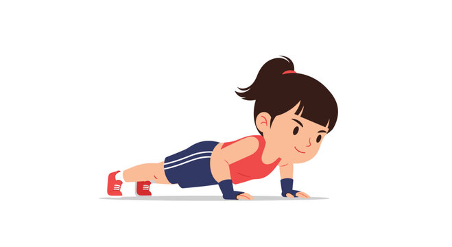 A cartoon girl in athletic wear doing a push-up exercise on a white background, promoting fitness and health.