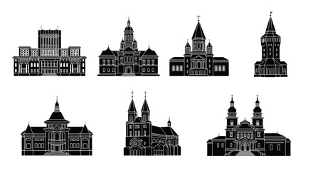 Collection of black and white architectural silhouettes featuring various buildings and churches against a white background.