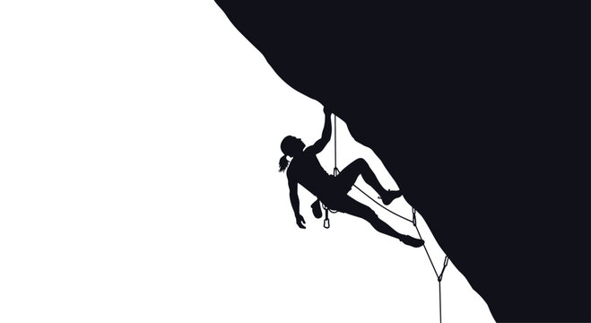 Silhouette of a determined rock climber ascending a steep overhang with dramatic lighting and a clear white background.
