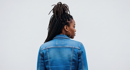 Young Woman with Dreadlocks in Denim Jacket Views Away