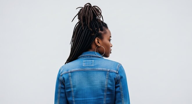 Young Woman with Dreadlocks in Denim Jacket Views Away