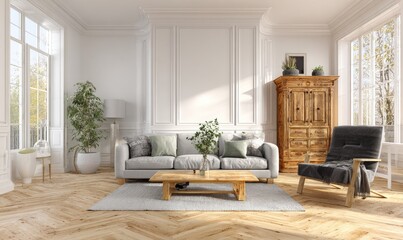 Fototapeta premium Elegant living room interior design with natural light and wooden furniture