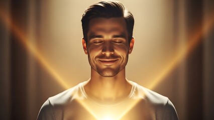 A content man with closed eyes, illuminated by golden light, radiating tranquility
