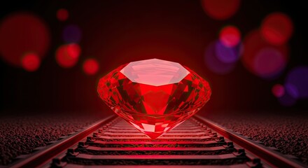 A Vivid Red Gemstone Rests on a Train Track Illuminated by Soft Lights