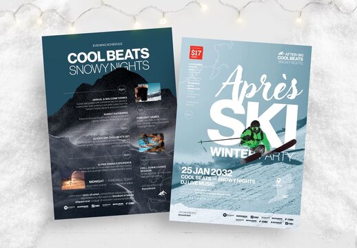 Apres Ski Flyer Poster Template for After Ski Party, Winter Skiing & Ski Resort Events & Festivals