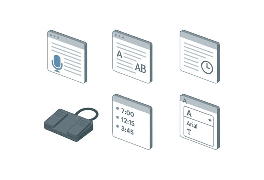 isometric icon items isolated on white background typing reports dictation software interface typing reports formatting style sheet typing reports timestamp inserter typing reports foot