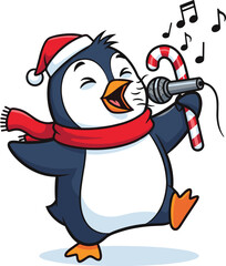 Cute cartoon penguin singing Christmas song with candy cane microphone, wearing Santa hat and red scarf, festive winter holiday illustration