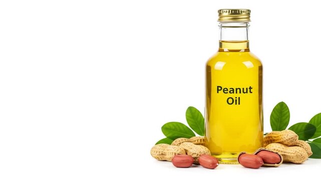 A bottle of golden oil labeled "Peanut Oil" is surrounded by shelled and unshelled peanuts with leaves on a white background