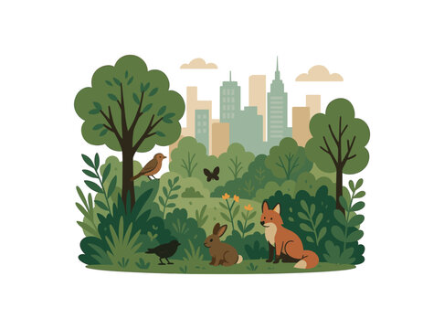 urban forest pocket rewilding city landscape and biodiversity boost flat vector illustration style isolated on white background