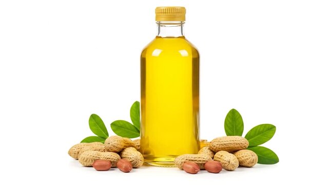 A bottle of golden oil sits centered, surrounded by peanuts, leaves, and kernels against a white background