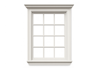 White classic sash window frame with transparent glass panes, isolated on a clear background