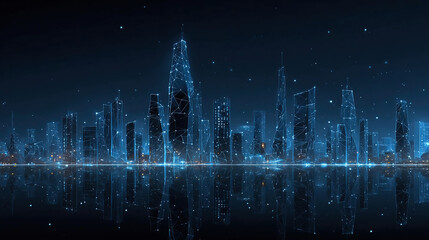 Futuristic city landscape background blue. Low poly wireframe night buildings with glowing effect.