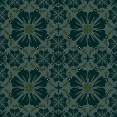 abstract seamless pattern,green curves ,painted create to flowershape, leaves,ghosts, bats, green background in geometric patterns as sarong,fabric,tile,printed fabric,batik,tablecloth patterns.