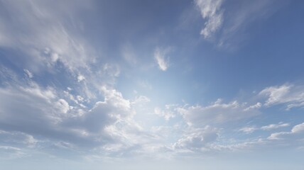 Sunlight breaks through scattered white clouds in expansive blue sky. Bright and calming atmosphere evokes peacefulness. Clouds form dynamic patterns across sky. Neural network AI generated