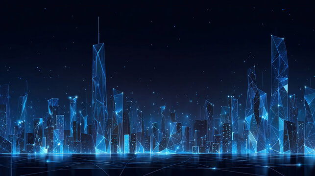 Futuristic city landscape background blue. Low poly wireframe night buildings with glowing effect.