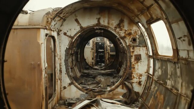 Abandoned and rusty train car interior with a long view through multiple decayed sections, showing severe corrosion and desolation.