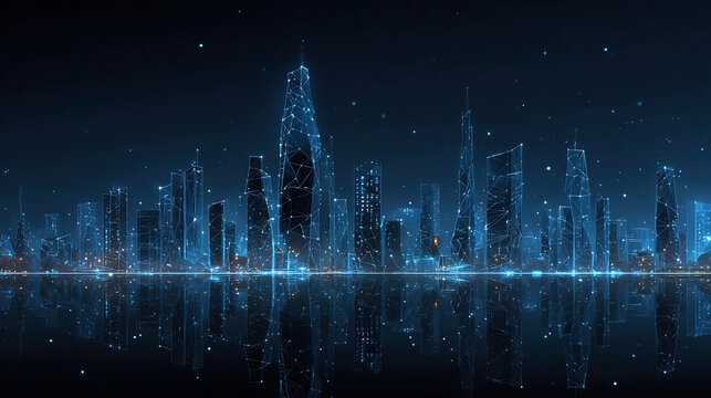 Futuristic city landscape background blue. Low poly wireframe night buildings with glowing effect.