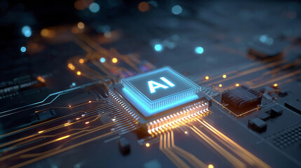 AI isometric futuristic chip with electric circuit wires on technology background. Artificial Intelligence hologram logo on light glowing semiconductor. Tech bg.