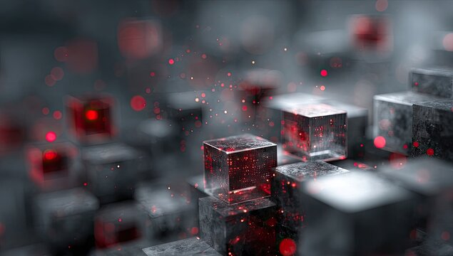 Abstract digital cubes with glowing red particles