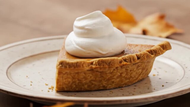 A slice of pumpkin pie on a plate, topped with whipped cream, with background blurred leaves and pumpkin