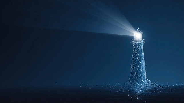 Abstract digital lighthouse with a bright beam on a dark blue technology background in a futuristic style.