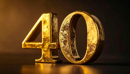 Gold number 40 with glossy reflections on dark background, luxurious and classic presentation