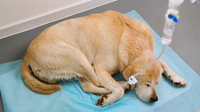 Golden retriver dog getting an iv drip at a vet clinic
