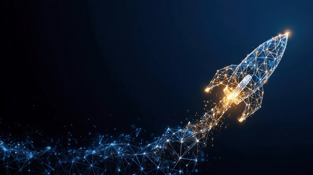 Abstract polygonal launch rocket with AI chip. Artificial Intelligence innovation and boosting concept. Machine learning spaceship.