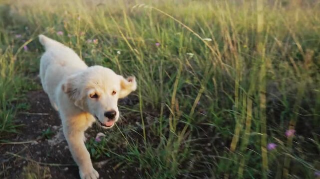 A golden retriver puppy running in a grassy field