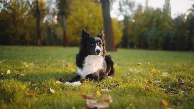 A curious border collie dog lying on a grass