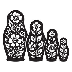 Russian nesting dolls black silhouette with floral pattern