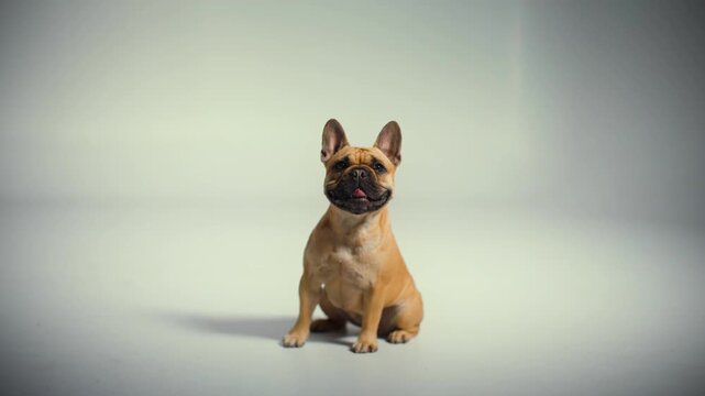 A brown french bulldog sitting in a studdio setting