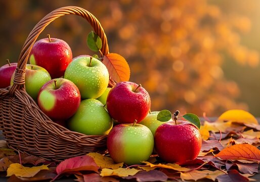 Freshly picked apples in a basket amidst golden autumnal foliage