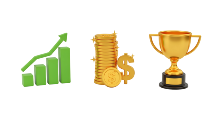 A green bar graph with arrow, gold coins and dollar sign, and a gold trophy on a black background