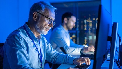 Experienced senior engineers managing computer systems and data servers in modern technology center