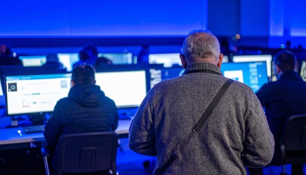 Experienced senior engineers managing computer systems and data servers in modern technology center