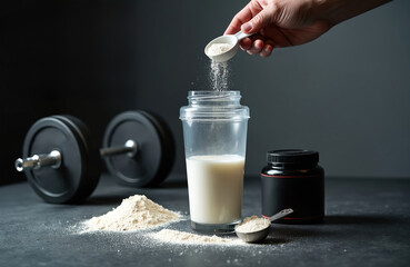 Hand pouring protein powder into shaker. Sport nutrition concept with dumbbell bottle and scoop. Fitness supplement for workout and muscle growth on dark background.