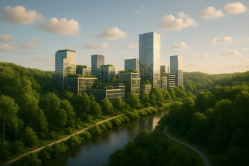 Fototapeta premium Sustainable modern city surrounded by green forest under soft cloudy sky