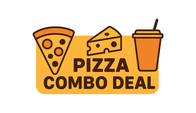 Flat vector banner design text PIZZA COMBO DEAL supporting icons of pizza slice cheese and drink and brown tones
