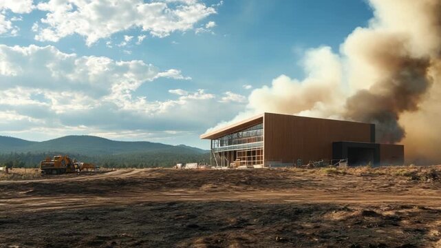 Burning House: A Modern Building Engulfed in Flames, Smoke Billowing Against a Dramatic Sky, and a scene of destruction.