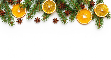 Christmas top border with fir branches, dried orange slices, and star anise. Aromatic holiday decoration isolated on a white background
