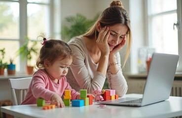 Exhausted mother works on laptop while toddler plays with blocks near. Woman experiences stress at home office. Remote work challenge with child. Difficult freelance job during stay home.